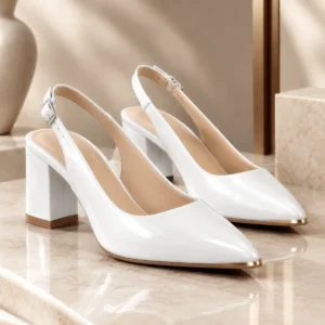 Escarpins Slingback Blanc Verni à Talon Carré
