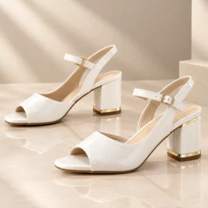 Sandales Blanches à Talon Carré et Bride Cheville