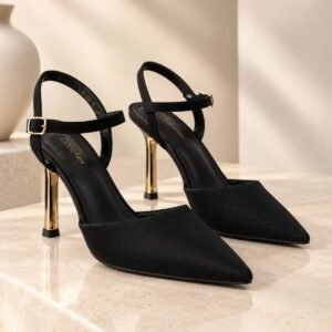 Sandales Escarpins Noires à Bride Cheville et Talon Métallisé